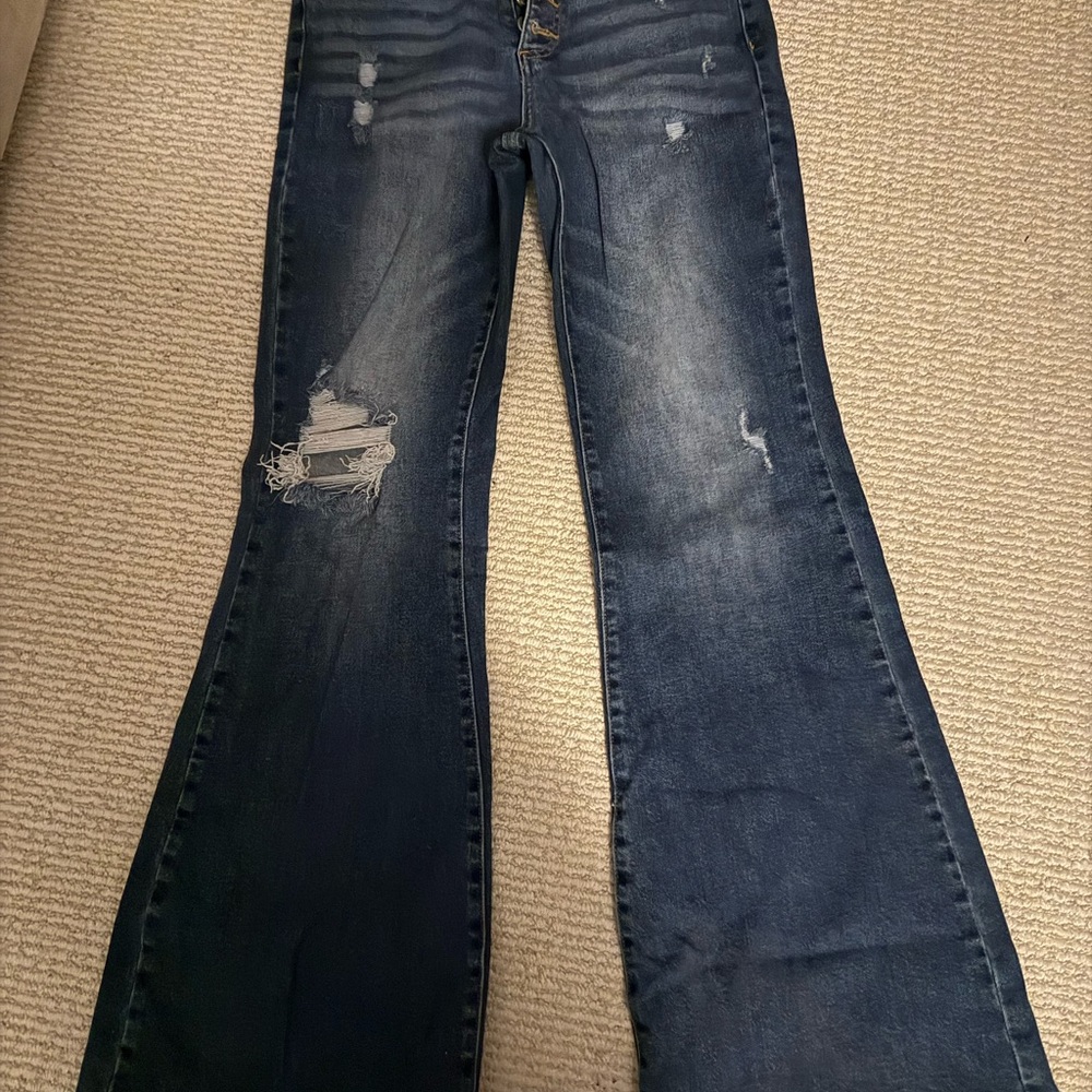 Dark Blue Distressed Flare Jeans